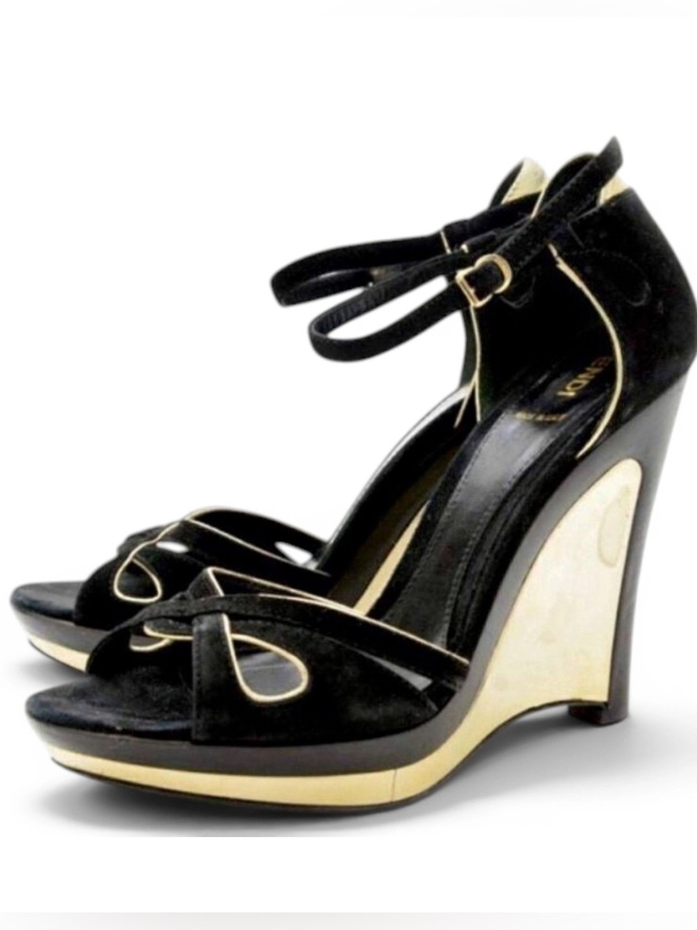 🛍️ Fendi Authentic Black Metallic Suede Wedge Sandals